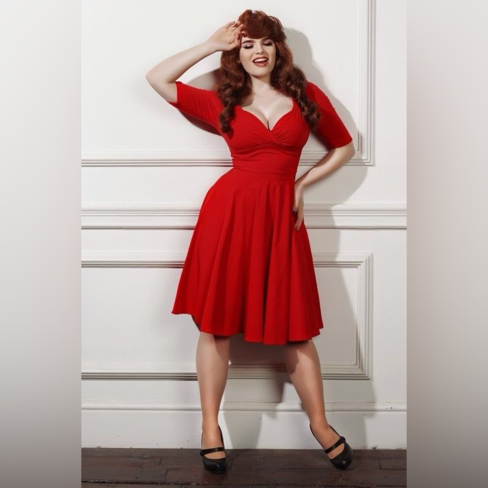 Collectif Red Trixie Doll Vintage 50s Style Party Dress w/ Elbow Sleeves, Sz 12